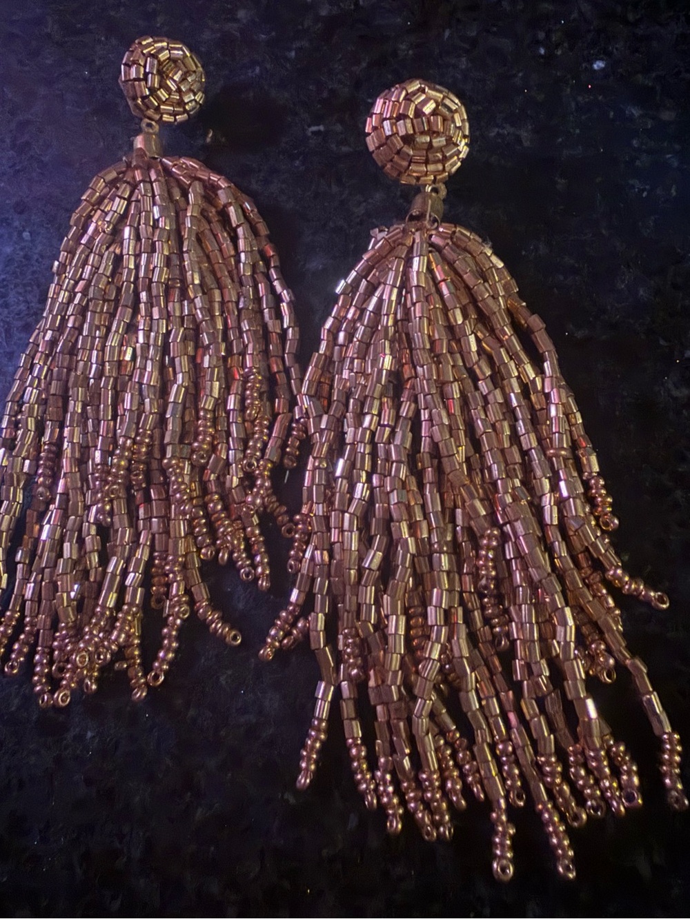 Hand Beaded - Gold Tassel - Statement 4+ inch Dangle Earrings - GORGEOUS!!!